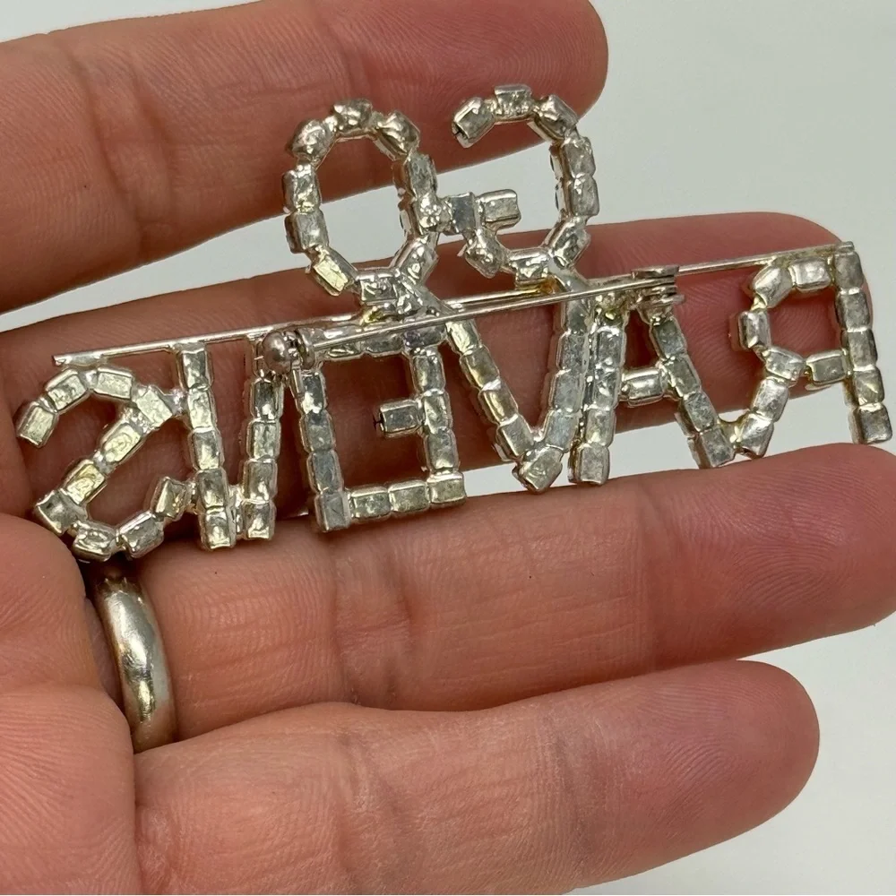 Vintage Clear Rhinestone Go Ravens Brooch